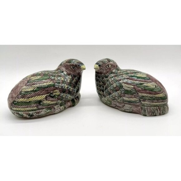Mirrored Pair Chinese Famille Verte Porcelain Quail Box Tureen Figures Glazed - Picture 1 of 9